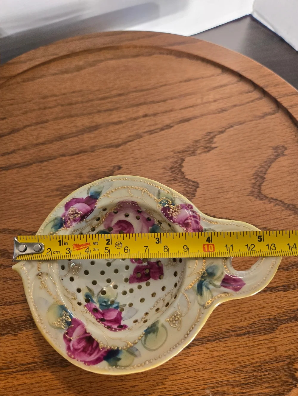 Vintage Porcelain Floral Tea Strainer and Drip Bowl - Pink Rose